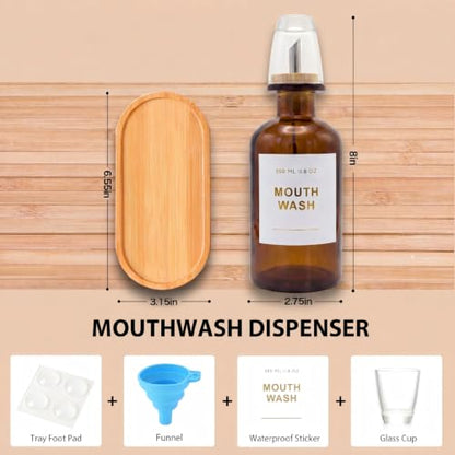 11.8OZ Glass Mouthwash Dispenser, Set of 2, Amber | Stainless Steel & Bamboo Nozzle, Mouthwash Cup Reusable, Bamboo Tray, Elegant Gold Sticker - color: Amber/350*2