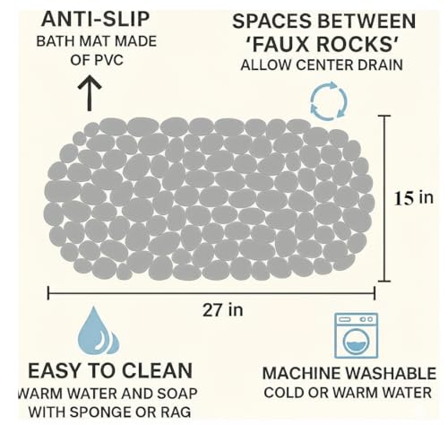Dependable Industries Inc. Essentials Nonslip PVC Pebble Style Bathmat Shower Bathtub with Suction Cups 27" x 15" Textured for Secure Footing Oval (Gray) - color: Gray