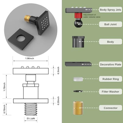 Shower Body Spray Jets with Adjustable Flow On Off Switch, Matte Black Shower Body Jets Wall Mount Massage Spa Jet, Flow control - color: Square-Matte Black