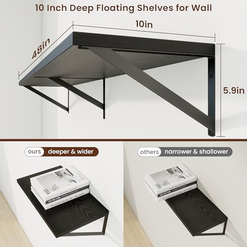 Deep Floating Shelves, 48'' x 10'' Black Wall Shelves Set of 2 | 10 Inch Deep Shelves with Heavy Duty Brackets, Rustic Wood Shelves for Bathroom Living Room, Engineered Wood, 50LBS - color: Black, size: 48W x 10D