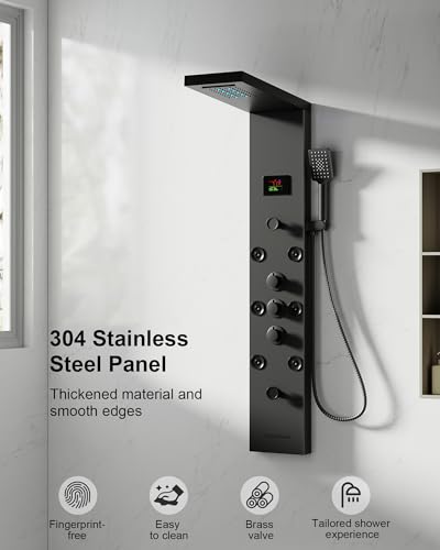 5 In 1 Shower Panel Tower System Stainless Steel Bathroom Panel Matte Black | LED Rain Waterfall Shower Head and Adjustable Massage Body Jets 3 Settings Handheld Head and Tub Spout by Homevacious - color: Matte Black