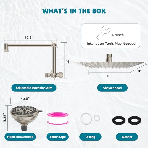 All Metal Shower Head, 10" High Pressure Dual Rainfall/Handheld Shower Head Combo with 16" Adjustable Shower Extension Arm, 7 Spray Modes Fixed Showerhead, 3-Way Diverter Valve, Brushed Nickel - color: Brushed Nickel, style: Square