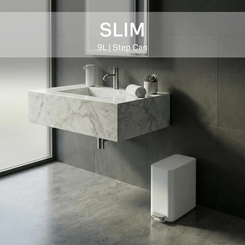 simplehuman Slim Step Can, 9L / 2.4 Gallon Primary Bathroom Trash Can, Liner Pocket®, Sleek Internal Hinge, 150,000-Step All-Steel Pedal, Lid Shox® Silent Close, White Steel - color: White, size: 9L