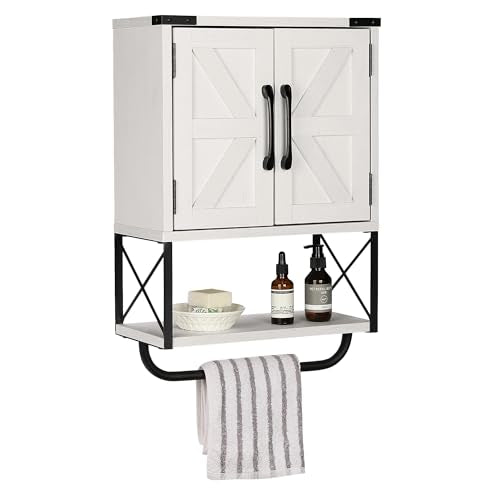 RUSTOWN Farmhouse Medicine Cabinet with 2 Barn Door, Bathroom Wall Cabinet | Rustic Wall Mounted Storage Cabinet with Adjustable Shelf & Towel Rack, 3-Tier Over the Toilet Storage Cabinets for Laundry - color: Vintage White
