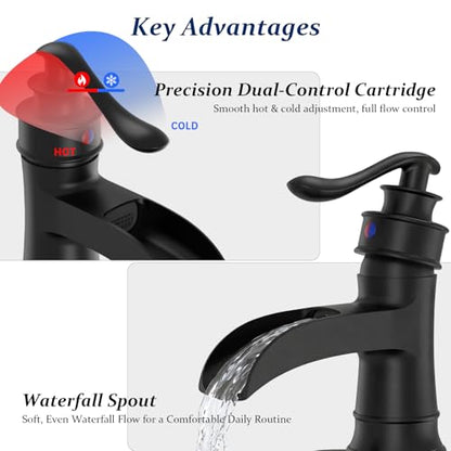 BWE Brass Matte Black Waterfall Bathroom Faucet for Farmhouse & Classic | Wide Waterfall Spout, Ceramic Cartridge, Fits 1 or 3-Hole Sink, Single Handle, Handware Included, Easy Install - color: Black