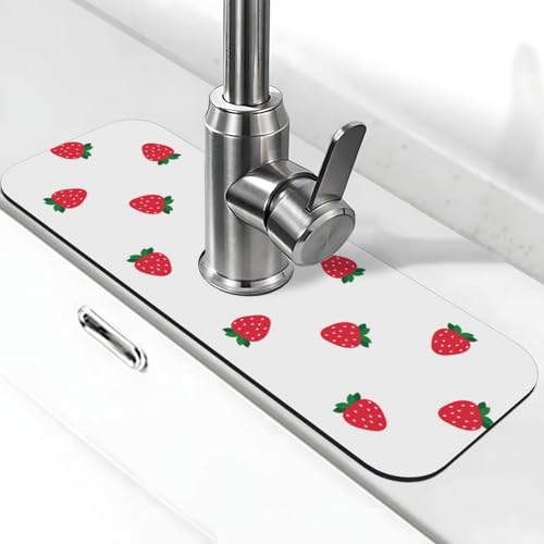Strawberry Print Strawberries Kitchen Sink Splash Guard Faucet Mat Super Absorbent Fast Drying Mat Sink Gadgets-Fast Drying Pad Sink Mat For Kitchen Bathroom (15" X 5.5" ) - color: Strawberry