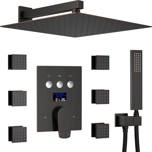Temperature Display Rain Mixer Shower Faucet Set with 6 pcs Body Jets 12 inch Square Rainfall Shower Head with Handheld Spray Wall Mounted Rough-in Valve and Trim Included, Oil Rubbed Bronze - color: Oil Rubbed Bronze