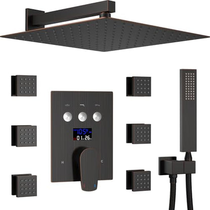 Temperature Display Rain Mixer Shower Faucet Set with 6 pcs Body Jets 12 inch Square Rainfall Shower Head with Handheld Spray Wall Mounted Rough-in Valve and Trim Included, Oil Rubbed Bronze - color: Oil Rubbed Bronze