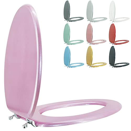 Elongated Toilet Seat Wood Toilet Seat Prevent Shifting with Zinc Alloy Hinges American Standard Size Toilet Seat Easy to Install also Easy to Clean (Elongated,Sparkling Pink) - color: Lucky Pink, size: Elongated