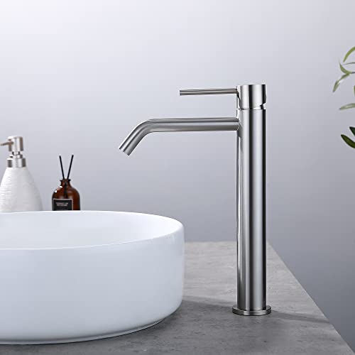 Vessel Sink Faucet Brushed Nickel, JXMMP Bathroom Sink Faucets Without Overflow Pop Up Drain and Water Faucet Supply Lines, Stainless Steel SpotShield Bathroom Faucet for Sink 1 Hole, JXM1001BN - color: Brushed Nickel, size: Tall Faucet