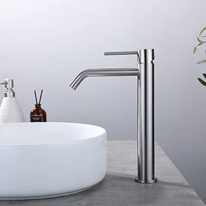 Vessel Sink Faucet Brushed Nickel, JXMMP Bathroom Sink Faucets Without Overflow Pop Up Drain and Water Faucet Supply Lines, Stainless Steel SpotShield Bathroom Faucet for Sink 1 Hole, JXM1001BN - color: Brushed Nickel, size: Tall Faucet