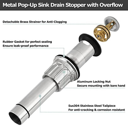 All Metal Bathroom Sink Drain with Overflow, Stainless Steel Pop Up Drain for Lavatory Vanity Vessel Sink, Brushed Nickel, 2108502 - color: Brushed Nickel, style: With Overflow