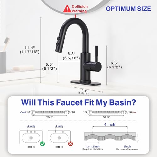 Bathroom Faucet with Sprayer, Matte Black Single Hole with Pop-Up Drain | Kablle Single Handle Pull Out 1 or 3 Hole Laundry Bar Basin Faucet with Deck Plate, KBL-7002B-CL - color: Matte Black