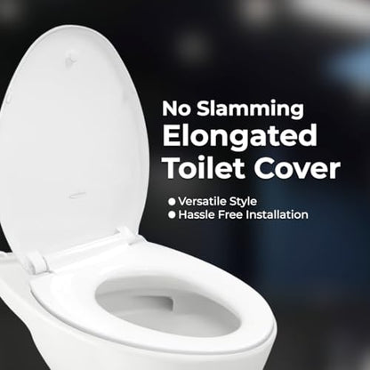GenieBidet Elongated Soft Close Toilet Seat, Noiseless Toilet Cover Seat & Toilet Lids, Toilet Seat Elongated Mounting Tools & Attachments Included, White - style: ELONGATED TOILET SEAT
