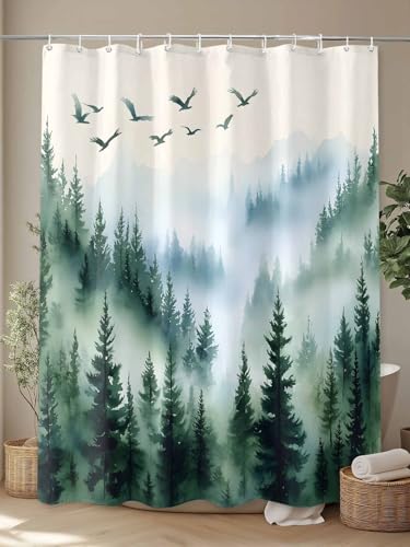 Waterproof Fabric Shower Curtain Fog Forest Bird Mountain Scenery Green Shower Curtains for Bathroom, Quick-Drying, Machine Washable 36x72 Inch - color: Gray Green Forest Green, size: 36"W x 72"L (Pack of 1)