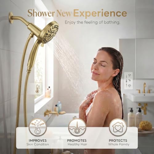High Pressure Handheld Shower Head Brushed Gold- Anti-clog Nozzles, Built-in Power Wash to Clean Tub, Wall & Overhead Brackets,Magnetitc Rainfall Showerhead with handheld - color: Brushed Gold