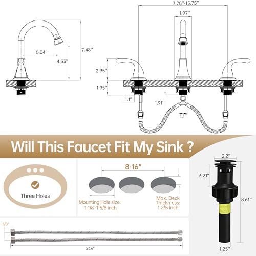 Bathroom Sink Faucet FRANSITON Centerset 8 Inch 2 Handle Bathroom Sink Faucet Lead-Free with Pop-up Drain Stopper and Supply Hoses (Matte Black, 8 Inch) - color: Matte Black