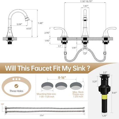 Bathroom Sink Faucet FRANSITON Centerset 8 Inch 2 Handle Bathroom Sink Faucet Lead-Free with Pop-up Drain Stopper and Supply Hoses (Matte Black, 8 Inch) - color: Matte Black