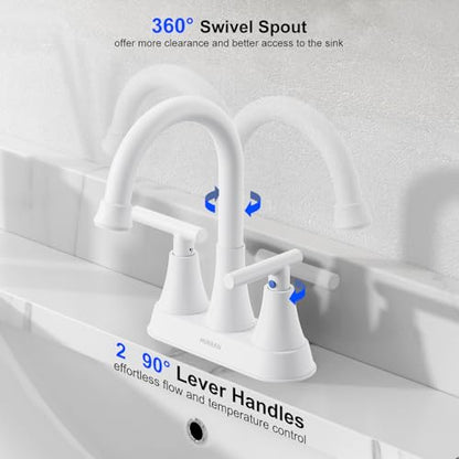 Bathroom Faucet, Hurran 4 inch Centerset 2-Handle Lead-Free, White | Bathroom Sink Faucet with Pop-up Drain and Supply Lines, Stainless Steel Faucet for Vanity RV Restroom Laundry Outdoor Sink - color: White