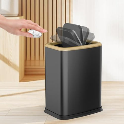 2.1 Gallon Slim Bathroom Trash Can with Swing Lid, 8L Stainless Steel Bathroom Garbage Can with Removable Inner Bucket for Narrow Spaces, Toilet Side, Bathroom, Bedroom - color: Black and Gold