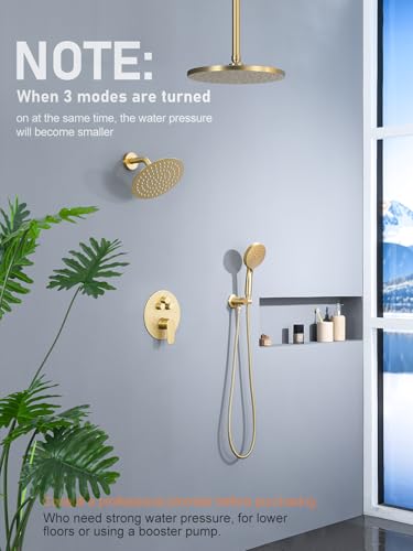Woindo Shower Faucet Set 10" Rain Shower Head/8'' Side Shower Head and 3 Setting Handheld Ceiling Mount 3 Push Button Diverter Complete Rainfall Round Shower System Included Valve Trim Kit - color: Brushed Gold, style: 10"-R-Ceiling-02
