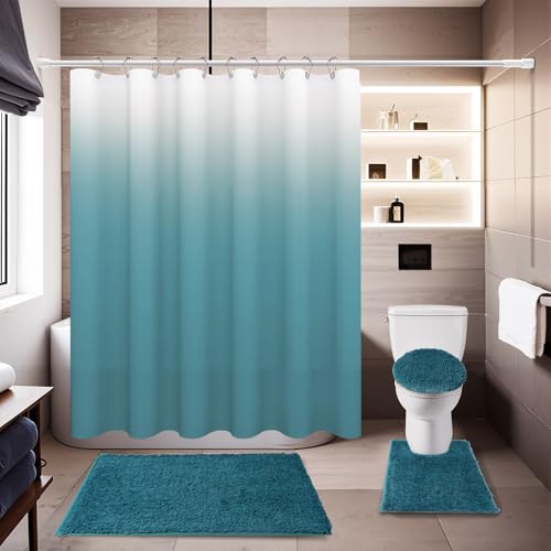 Shower Curtain Sets with Rugs and Adjustable Toilet Seat Cover | 4 Pcs Bondi Blue Bathroom Sets with Shower Curtain and Rugs and Microfiber Toilet Lid Cover - color: Bondi Blue