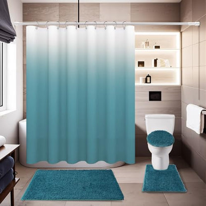 Shower Curtain Sets with Rugs and Adjustable Toilet Seat Cover | 4 Pcs Bondi Blue Bathroom Sets with Shower Curtain and Rugs and Microfiber Toilet Lid Cover - color: Bondi Blue