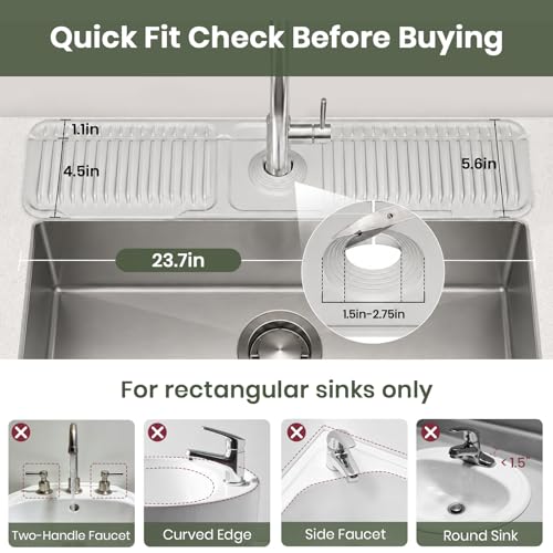 24 Inch Faucet Mat for Kitchen Sink, Silicone Splash Guard for Kitchen Sink Area, 7° Slope Fast Self-Draining Sink Mat, Cuttable Hole Design, Sink Backsplash Guard Draining Mat, Grey - color: Gray