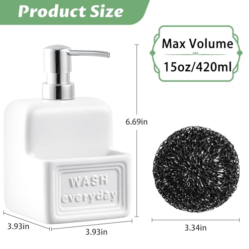 RQYIXI 2-in-1 Ceramic Dish Soap Dispenser with Sponge Holder, White, 15 Oz | caddy kitchen sink organizer embossed design mesh scrubber refillable pump countertop lotion bathroom vanity - color: Rectangle White