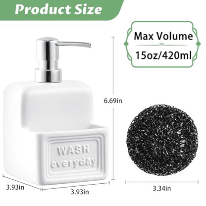 RQYIXI 2-in-1 Ceramic Dish Soap Dispenser with Sponge Holder, White, 15 Oz | caddy kitchen sink organizer embossed design mesh scrubber refillable pump countertop lotion bathroom vanity - color: Rectangle White