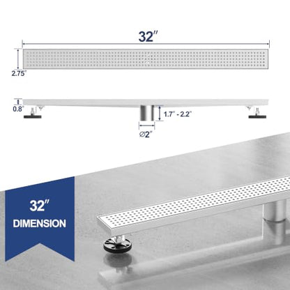 Neodrain 32" Linear Shower Drain, Brushed 304 SS Bathroom Linear Drain,cUPC | Brushed Nickel Shower Drain with Quadrato Grate& Adjustable Feet, Long Rectangle Shower Floor Drain in Bathroom, Balcony etc - color: Brushed Nickel, size: 32 In