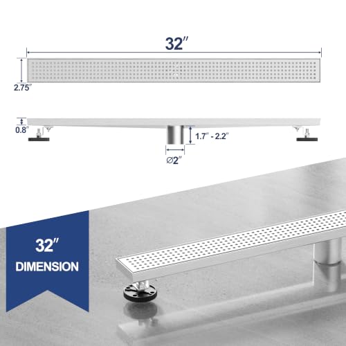 Neodrain 32" Linear Shower Drain, Brushed 304 SS Bathroom Linear Drain,cUPC | Brushed Nickel Shower Drain with Quadrato Grate& Adjustable Feet, Long Rectangle Shower Floor Drain in Bathroom, Balcony etc - color: Brushed Nickel, size: 32 In