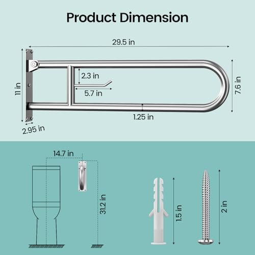 29.5 Inch Foldable Toilet Grab Bars, Bathroom Stainless Steel Handrails with Paper Holder, Handicapped Flip-Up Handles, Senior Safety Rails, Wall Mounted Hand Grips, for Elderly, Disabled, Pregnant - size: 29.5 inches