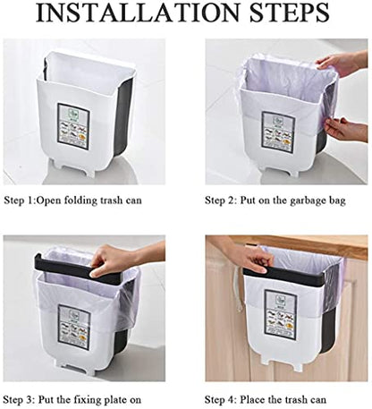 Hanging Trash Can for Kitchen Cabinet, Wall-Mounted Trash Can Foldable Waste Bins for Door Bedroom Dorm Room Car - Large Capacity 9L (White)