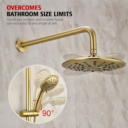 SUMERAIN Brushed Gold Shower System with Slide Bar | High Pressure Multi-modes Shower Head and Handheld, Rainfall Shower Faucet, Included Valve and Trim Kit - color: Brushed Gold