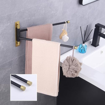 GERZWY Bathroom Swing Arm Towel Bars 2-Arm Wall Mount Stainless Steel Bath Towel Rack Hanger Towel Holder Organizer (Black & Gold) HYG02-BD - color: Black & Gold