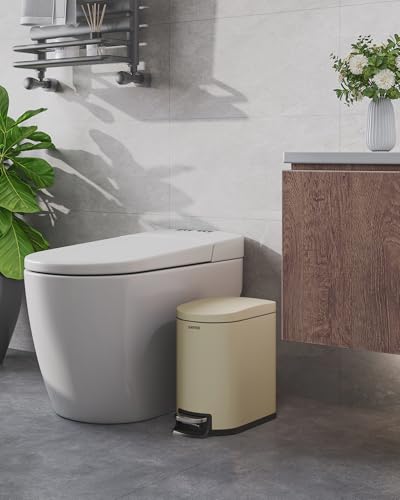 Garvee 1.6 gal / 6 L Metal Bathroom Trash Can with Lid, Slim Waterproof Garbage Can for Bedroom, Small Step-on Trash Bin with Inner Bucket, Rear Handle, Soft Close Lid, Sand Beige - color: Sand Beige, size: 1.6 Gallons