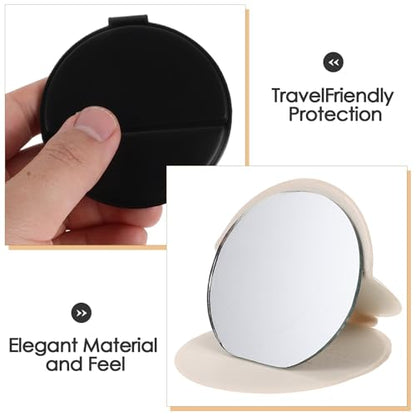4pcs 2.76 Inch Mini Folding Mirror - Round PU Leather Vanity Desktop Standing Mirror with Frame for Home Countertop Travel Makeup Use Beige, Black