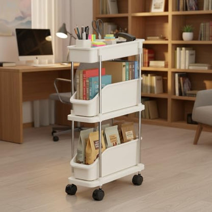Slim Storage Cart 3 Tier Slim Rolling Utility Cart with Pull-Out Baskets & Wheels for Narrow Space in Kitchen Dining Room Bathroom Laundry Room Cream White (Width 6.3 Inches) - size: 3 Tier