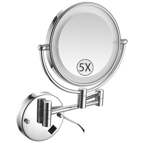 Wall Mounted Lighted Makeup Mirror, Hardwired 2-Sided Magnifying Vanity Mirror, Extended Arm 360 Rotation LED Cosmetic Mirror,Chrome,5X - color: Chrome, size: 5X
