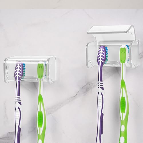 2 PCS Toothbrush Holder Wall Mounted with Cover for Bathroom, 2 Slots Toothbrush Storage Organizer for Shower, Self Adhesive Toothbrush Hanger Rack for Dorm, Cabinet (Clear) - color: Clear, size: 2 PACK