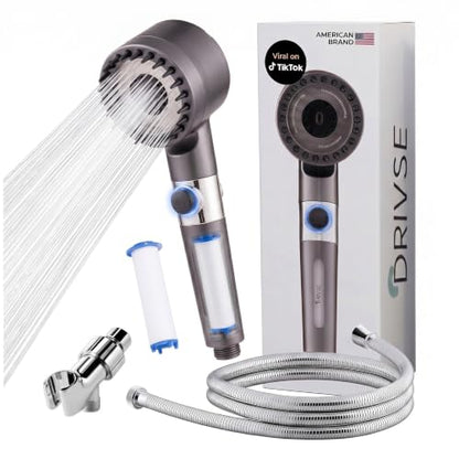 Drivse Filtered Shower Head for Hard Water | Ion Drops High Pressure Handheld Shower Head with Stainless Steel Hose | 3 Spray Modes | Tool-Free Install | Softer Skin & Healthier Hair