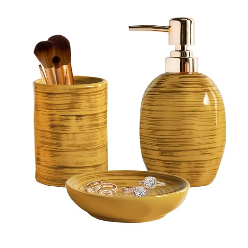 Bathroom Accessories Set, 3 Pcs Marble Look Bath Set Soap Dispenser & Toothbrush Holder Set, Counter Top Restroom Apartment Decor Stuff, Ceramic Kits, Unique Gift, Yellow - size: Mustard