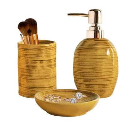 Bathroom Accessories Set, 3 Pcs Marble Look Bath Set Soap Dispenser & Toothbrush Holder Set, Counter Top Restroom Apartment Decor Stuff, Ceramic Kits, Unique Gift, Yellow - size: Mustard