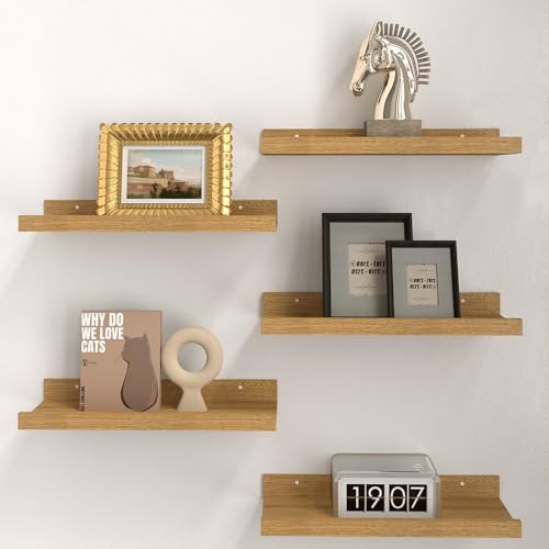 RICHER HOUSE 8-Set Floating Shelves with Lip, Oak Wall Mounted Wood Shelf | Display Picture Ledge Shelf, Anti-drop lip Shelf for Room Wall Decor, Bedroom Bathroom Storage Nursery Hanging Book Shelves - color: Oak