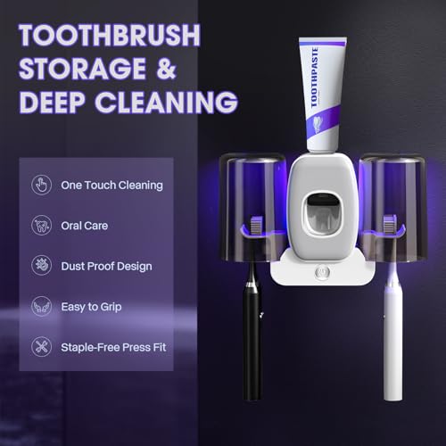 LXIANGN 3 in 1 Toothbrush Cleaner Holders,Rechargeable Wall Mounted Toothbrush Holder Toothpaste Dispenser Automatic 2 Cups Tooth Brush Holder for Bathroom, No Drilling, 4 Slots, Grey - color: Grey