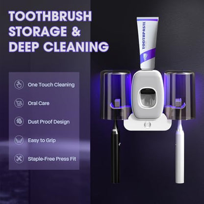 LXIANGN 3 in 1 Toothbrush Cleaner Holders,Rechargeable Wall Mounted Toothbrush Holder Toothpaste Dispenser Automatic 2 Cups Tooth Brush Holder for Bathroom, No Drilling, 4 Slots, Grey - color: Grey