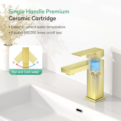 Faustina Light Gold Bathroom Faucet, Single Handle Stainless Steel Bathroom Vanity Faucet with Metal Pop-Up Drain & Deck Plate for 1 or 3 Hole - color: Gold, style: Classic