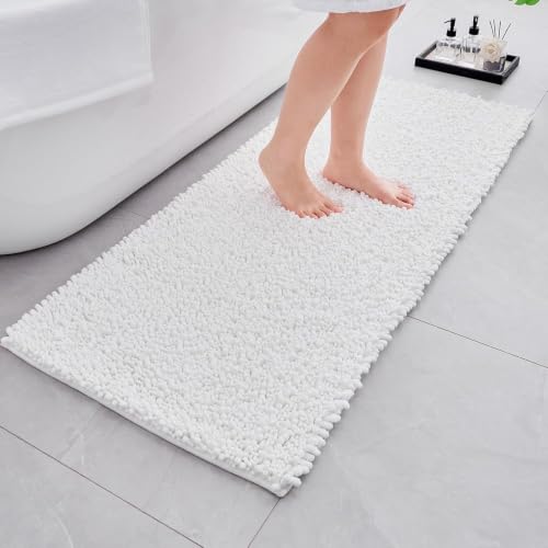 Bathroom Rugs Non Slip Washable 60x24, Extra Thick Soft Chenille Absorbent Bath Mat, High Density Barrier Non Slip Backing, Quick Dry Plush Shaggy Floor Carpet for Tub&Shower, White - color: White, size: 60" X 24"(Bathroom Rug)