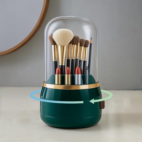 Toothbrush Holder with Lid Cosmetic Tools Organizer 360 Rotating 7-Slot Draining Waterproof Dustproof Make Up Brushes Toothbrush Storage for Dresser Vanity Bathroom Countertop - color: Green rotate